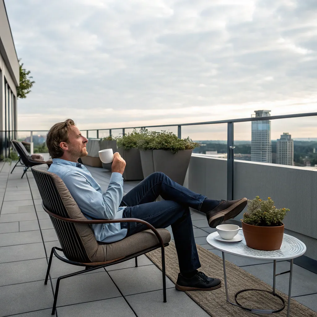 Alex Johnson enjoying a cup of coffee on the rooftop